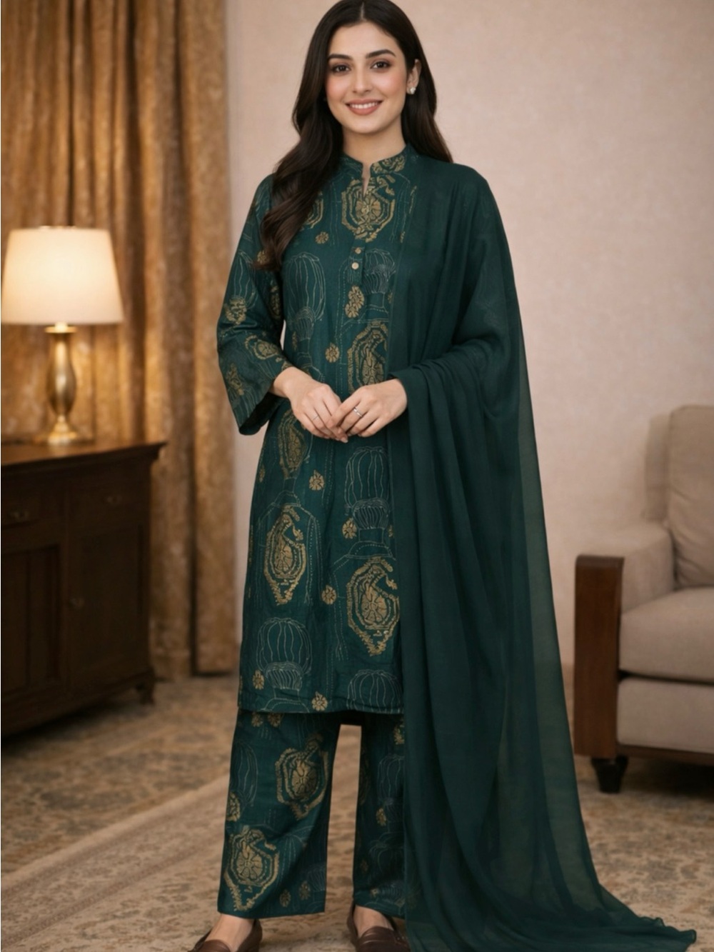 Elegant Forest Green Printed Women's Straight Pants Set